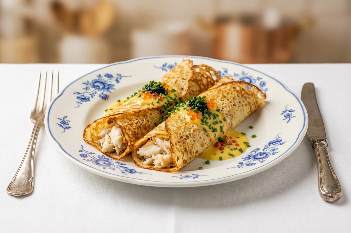 Блины с камчатским крабом от Влада Пискунова