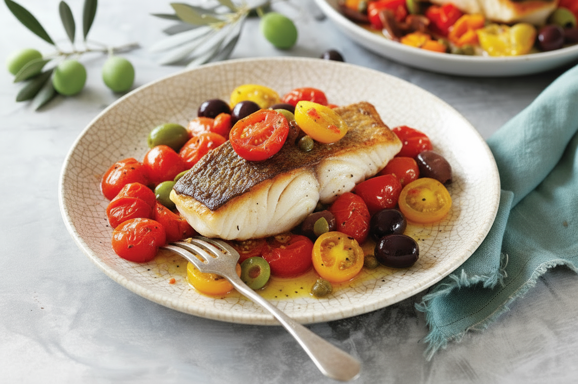 Треска с хрустящей кожицей, с сальсой из запечённых помидоров, оливок и каперсов